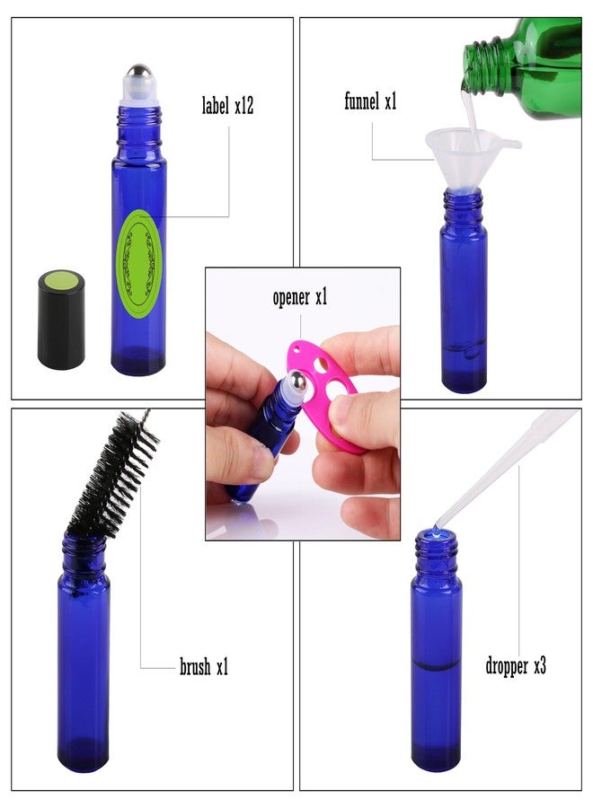 inice 12 Pack Essential Oil Roller Bottles 10ml Cobalt Blue Glass Bottles Stainless Steel Roll On Ball for Daily Care - Image 2